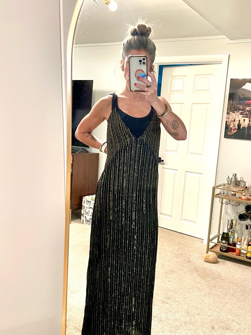 Zara Black Maxi Dress with Gold Striped Detail - Sleeveless Evening Gown